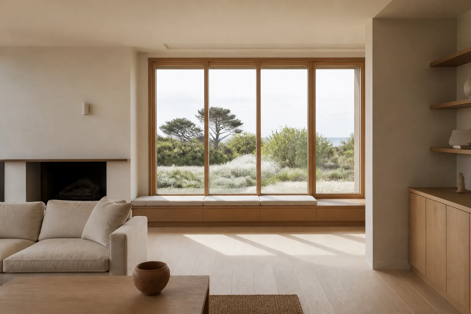 A light-filled living room with pale timber floors, a built-in timber window seat and a wall of timber-framed glass looking onto coastal scrub