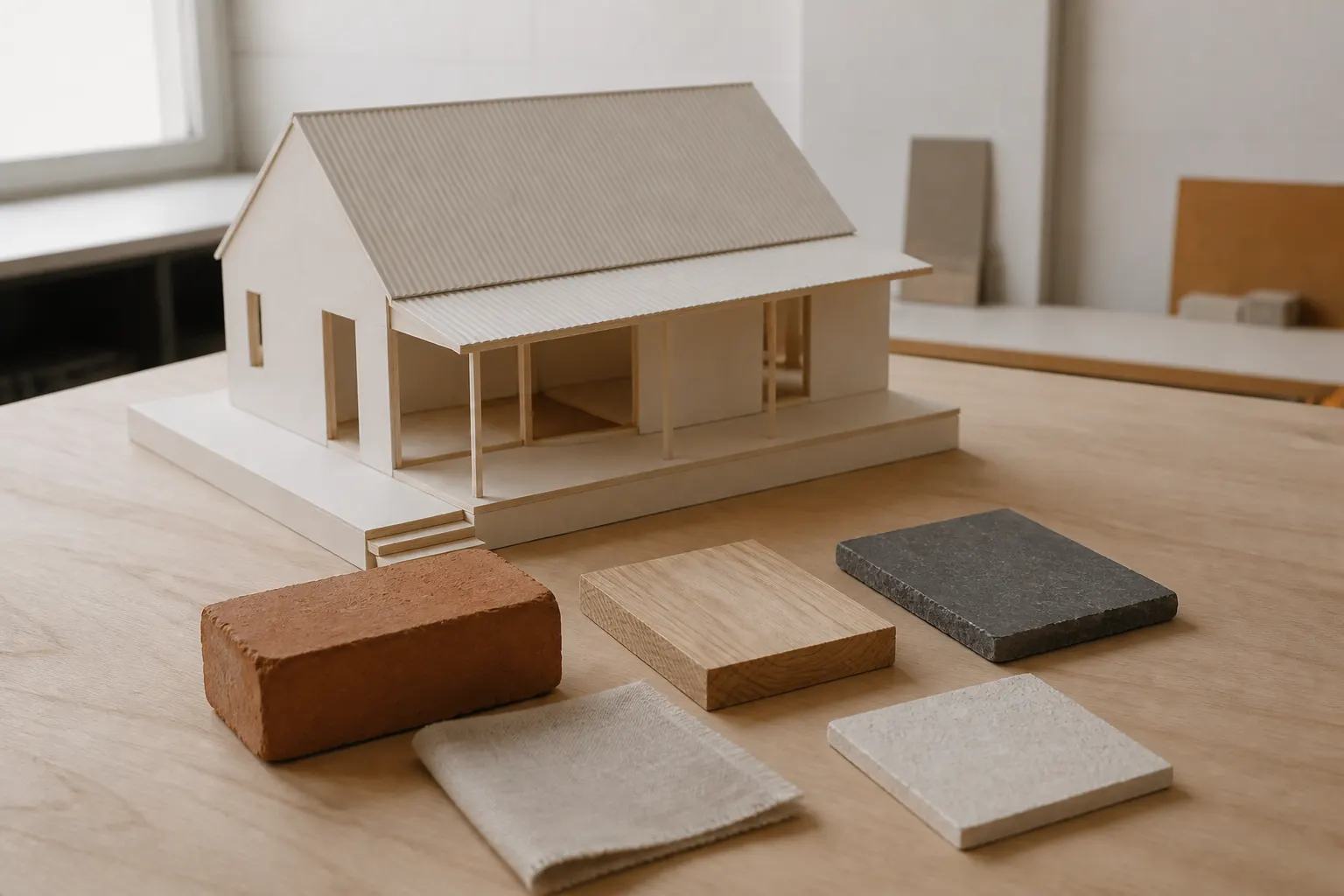 Willunga cellar door: a white card model of a gabled shed with a deep verandah, beside samples of clay brick, pale timber, bluestone, linen and lime render