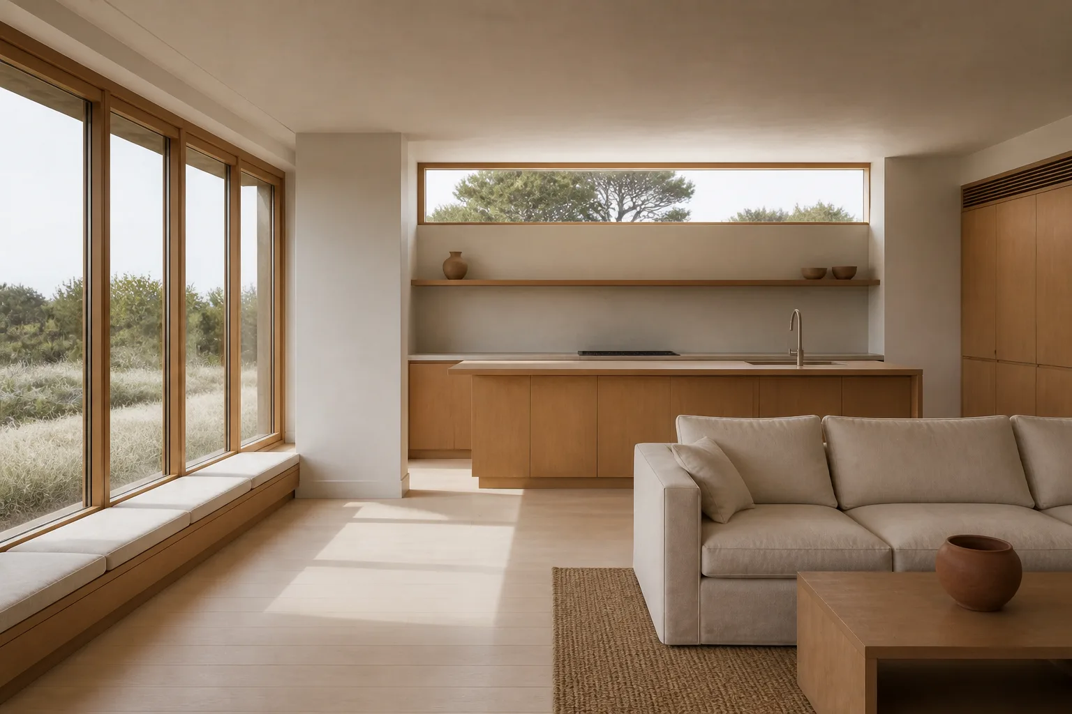 Semaphore house: the kitchen end of the same room, a pale timber island under a high strip window, the window seat running along the glazed wall to the left