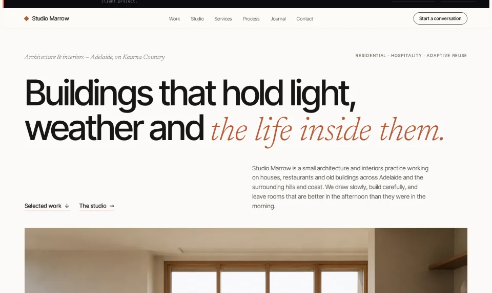 Studio Marrow's front page: 'Buildings that hold light, weather and the life inside them' over a light-filled timber interior