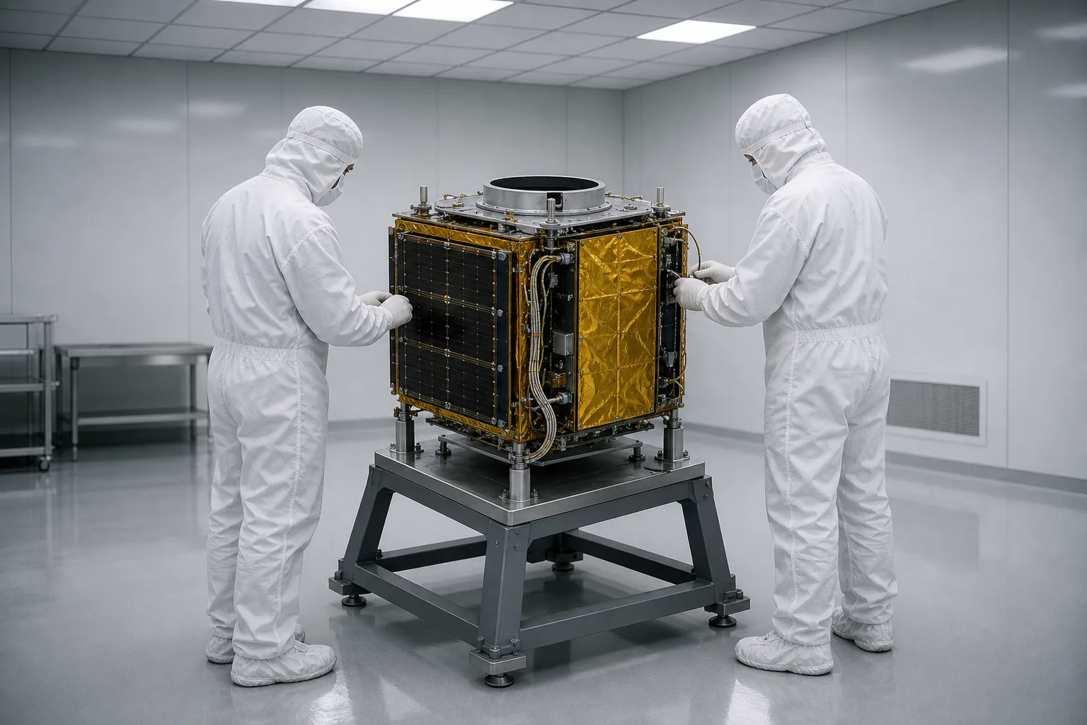 A small imaging satellite with folded solar panels and gold foil on a grey test stand in a clean room, two technicians in full white coveralls working beside it.