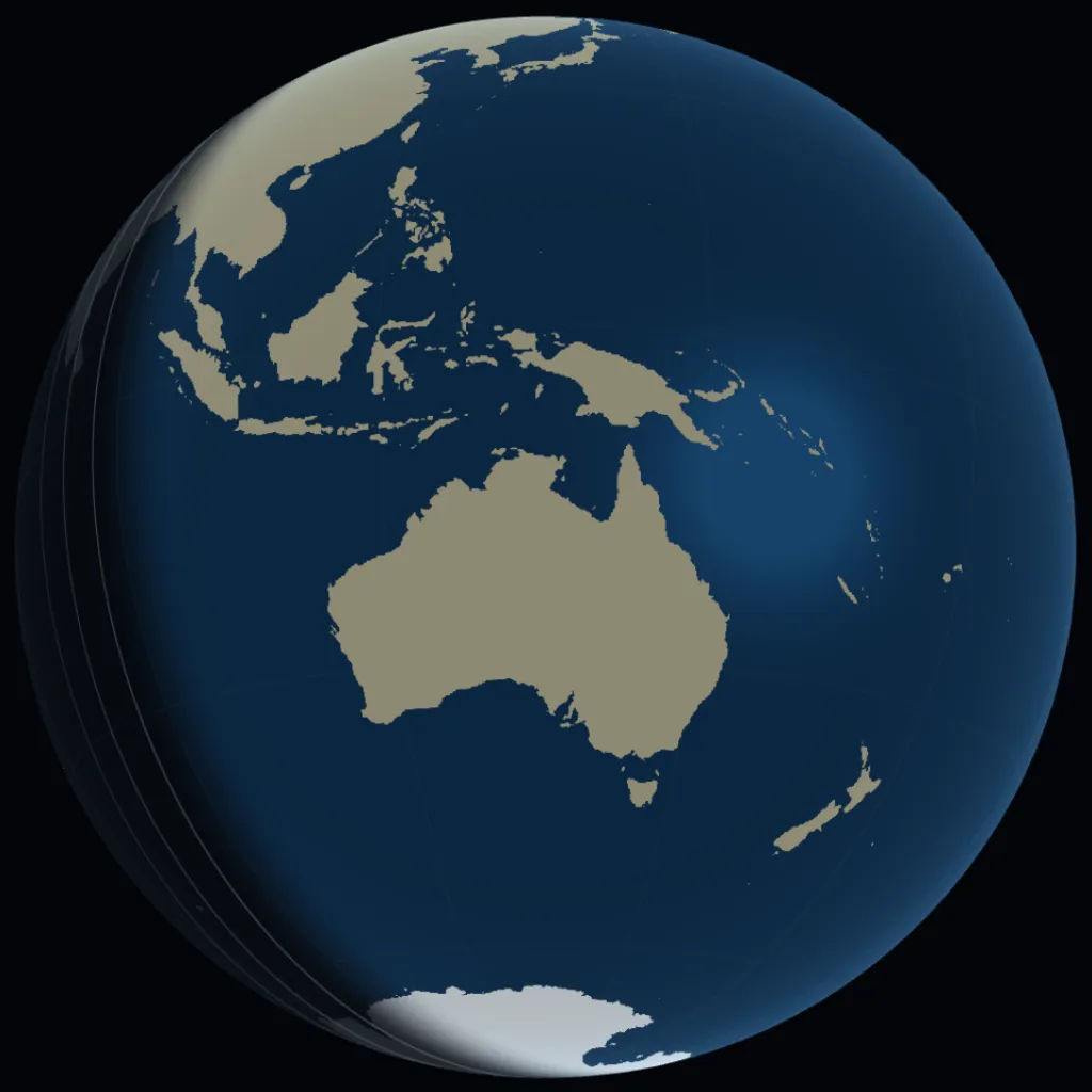 Illustration: the Earth seen from above northern Australia at the March equinox, the continent in daylight and the dawn line over the Indian Ocean