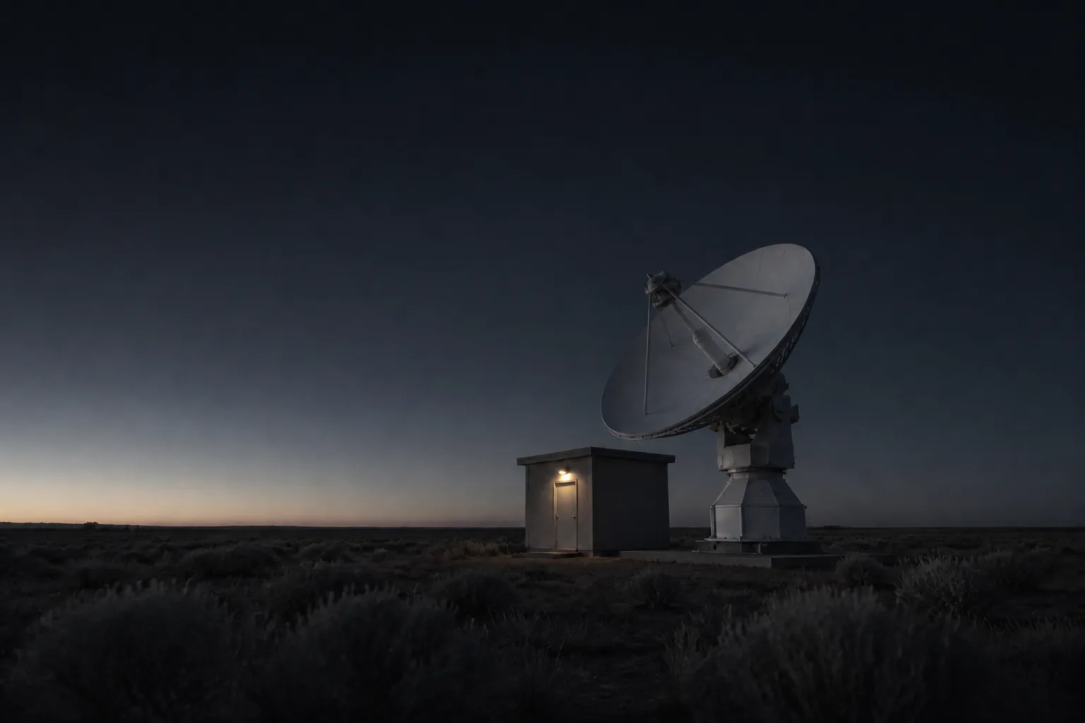 A white dish antenna on a bare rise at dusk, tilted towards the sky, beside a small hut with one warm light.