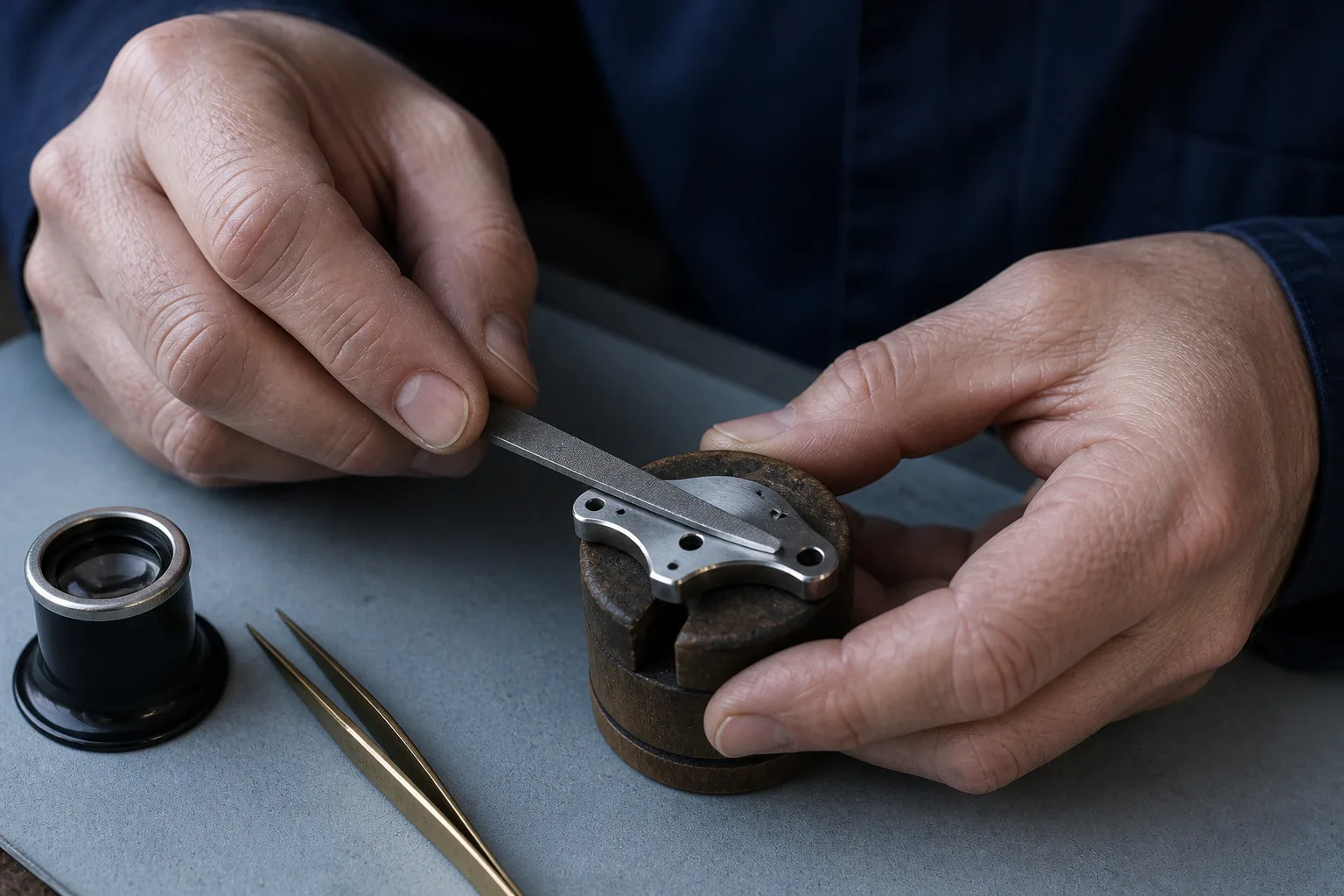 Hands filing a bright bevel along the edge of a small steel movement bridge held in a wooden holder.