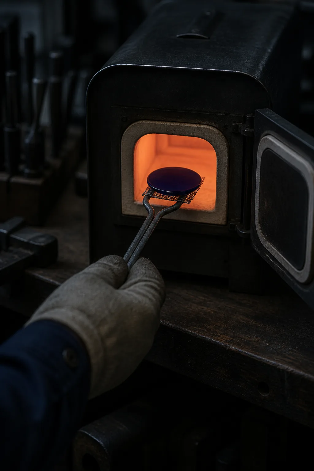 A gloved hand lifting a blue enamel dial on a long fork into the salmon glow of a small kiln.