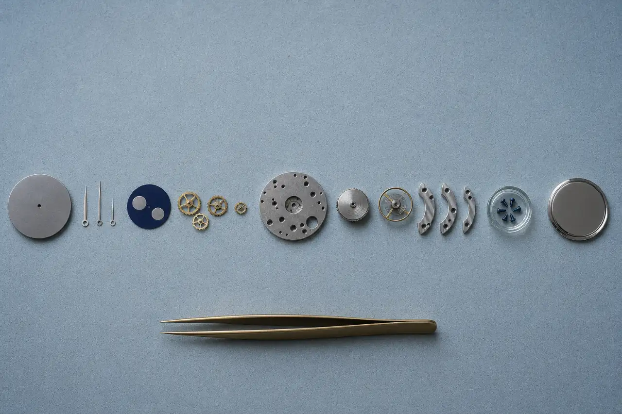 The parts of a watch laid out in a row in the order they came out, from the dial and hands to the case back, on a blue-grey mat.