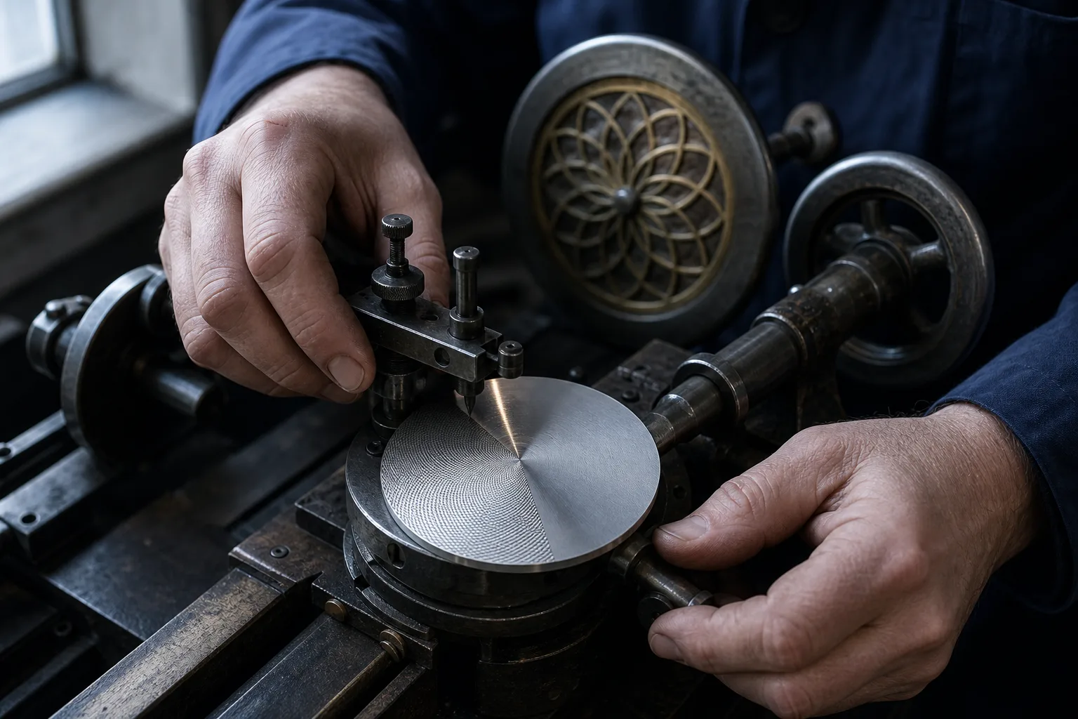 Hands in navy sleeves guiding a rose-engine cutter across a silver dial blank, half of it already engraved.