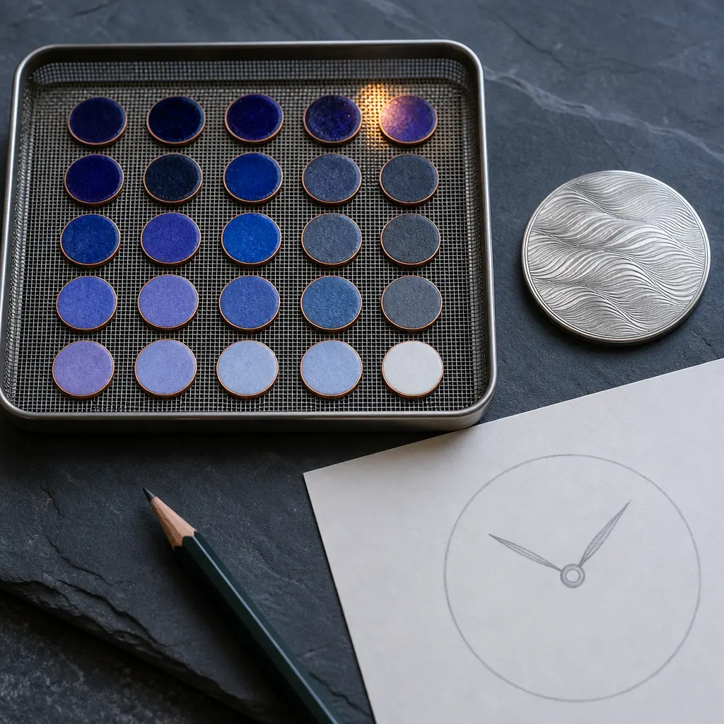 A tray of small enamel test discs in shades of blue, grey and white, beside a wave-cut test plate and a pencil drawing of a dial.