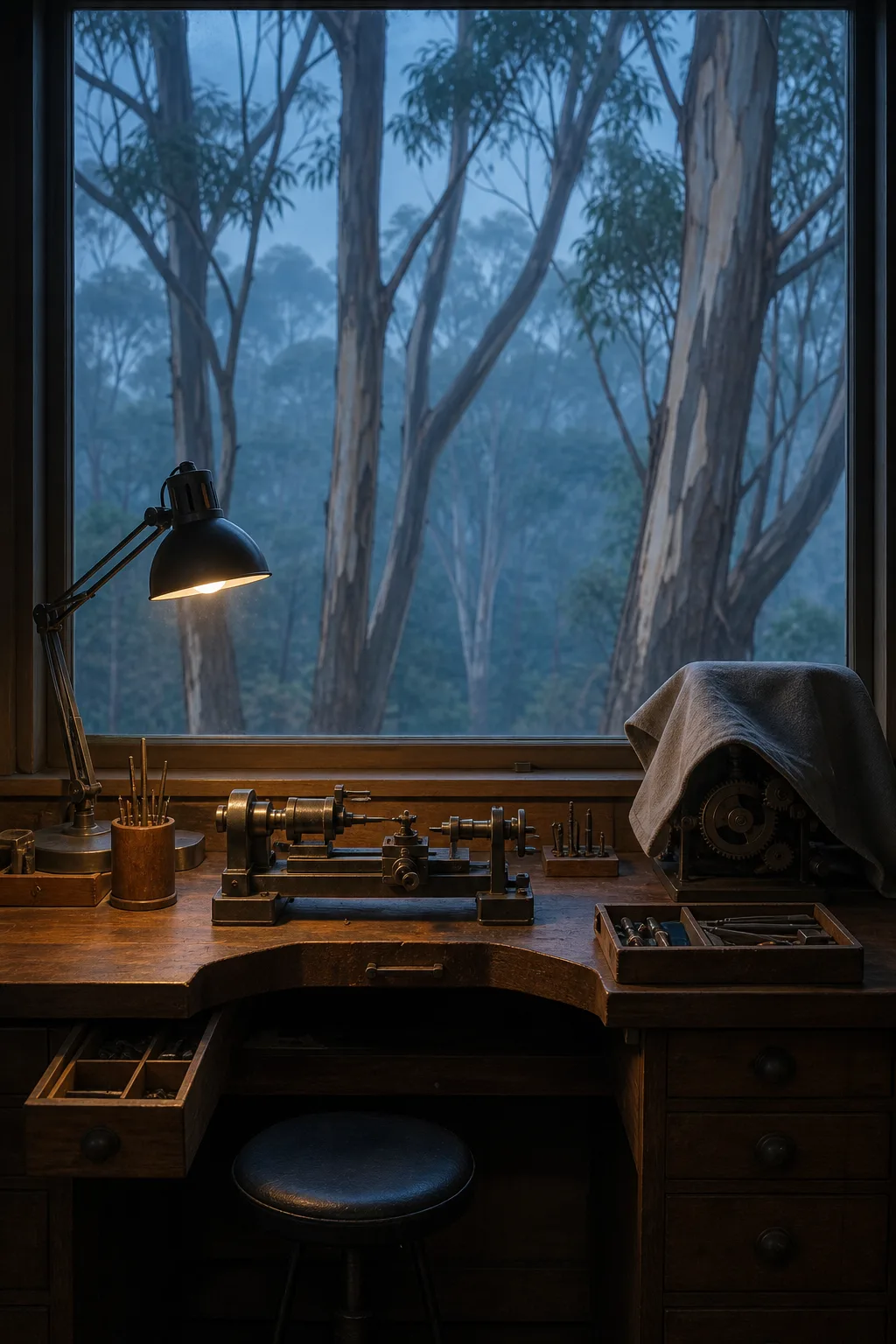 The workshop at first light: a timber bench and a covered lathe under a window full of misty gum trees.