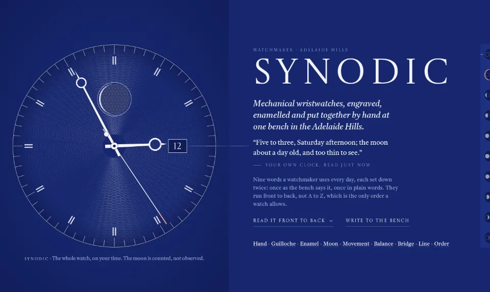 Synodic front page: a live enamel-blue watch dial with a moon window, the name in engraved capitals beside it