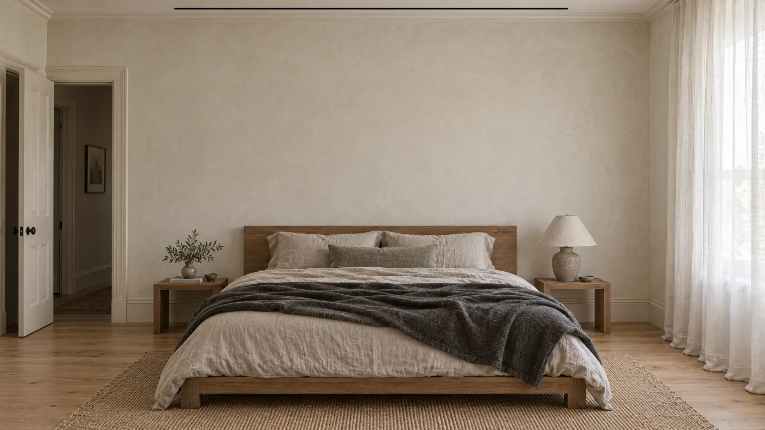 A quiet bedroom seen straight on, a thin slot in the ceiling above a low linen bed.