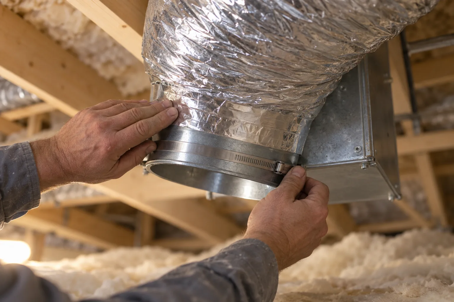 Hands taping a wide insulated duct onto its collar in a roof space.