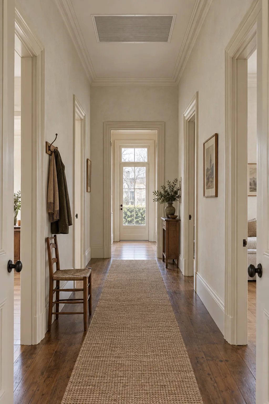 A long villa hallway with a plain return air grille set into the ceiling.