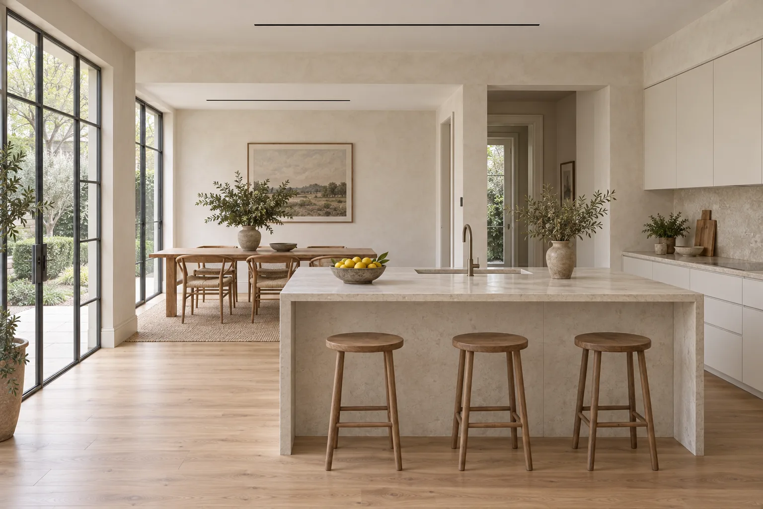 An open kitchen and dining room with two slim slots in the ceiling, one over the bench and one over the table.