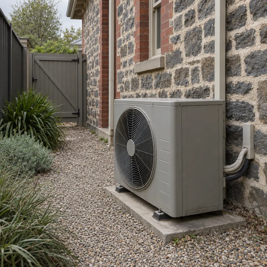 A plain grey outdoor unit on a small pad beside an old bluestone wall, grasses along the gravel path.