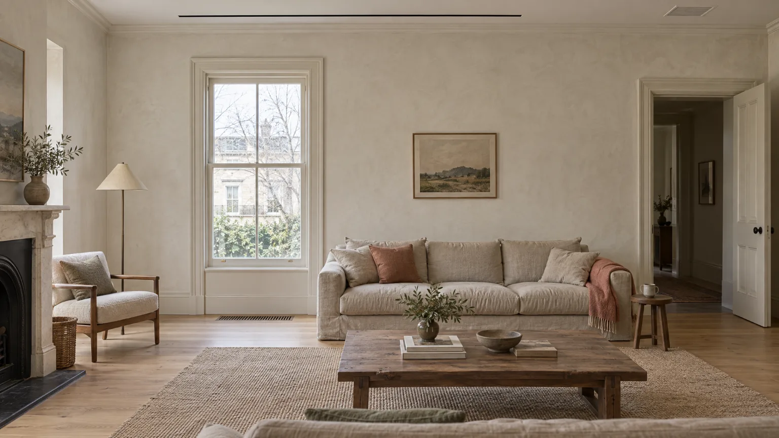 A calm living room seen straight on: a slim slot in the ceiling, a sash window with a floor register beneath it, a linen sofa and an open doorway to the hall.