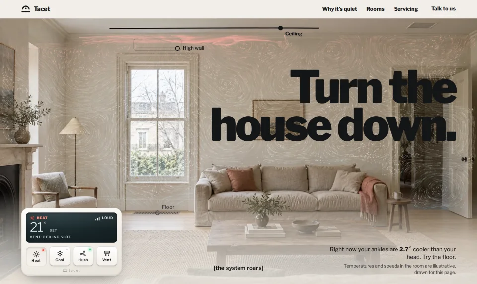The front page: a living room with streaks of warm air drifting from the ceiling, the headline Turn the house down set heavy above the sofa