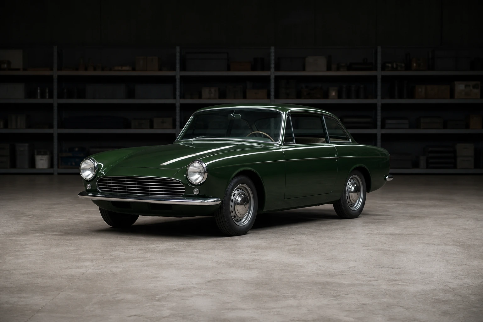 An unbadged sixties coupe in deep green on a concrete workshop floor, lit by a long overhead light