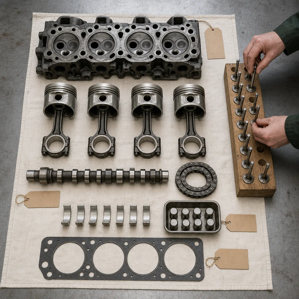 A stripped four-cylinder engine laid out in rows on a cream cloth, and a hand placing one valve in its rack
