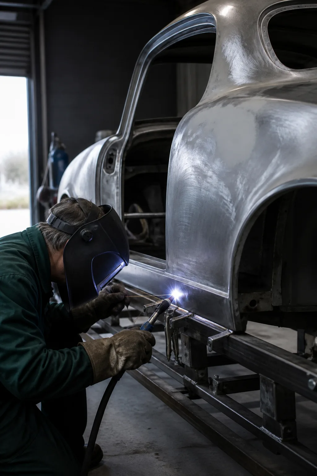 A restorer in overalls and a welding helmet welding a new steel sill into a bare car shell on a rotisserie