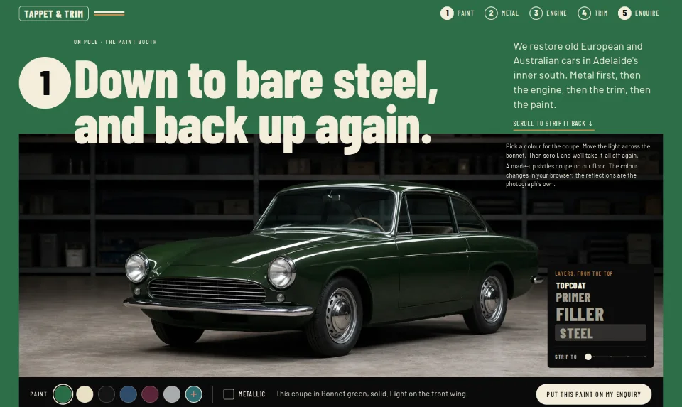 Tappet & Trim's front page: a green sixties coupe on a workshop floor, a cream roundel numbered 1 beside the headline
