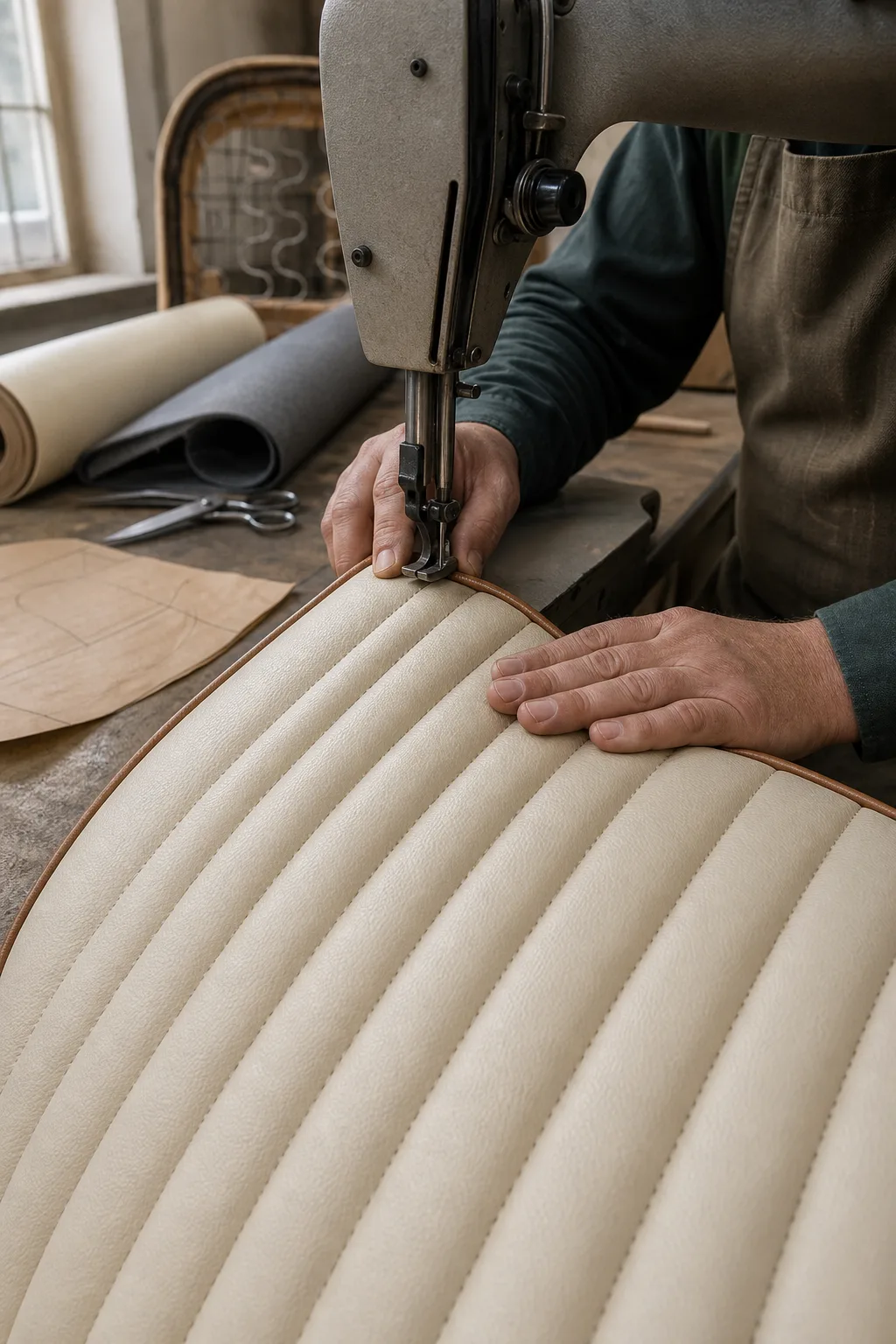 Hands in long sleeves guiding a pleated cream vinyl seat panel with tan piping under a sewing machine needle