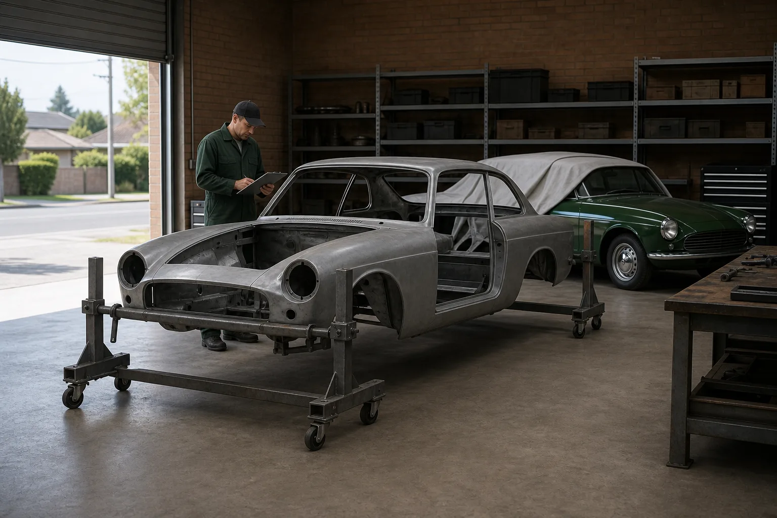 The workshop floor: a bare steel shell on a rotisserie, a restorer with a clipboard, and a green coupe half under a dust cover at the back