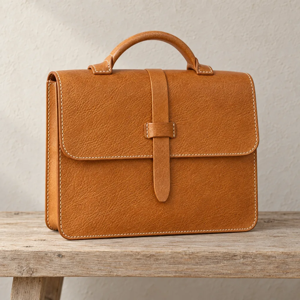 A new tan leather satchel with a fold-over flap and a short handle, stitched in cream, on a pale bench.