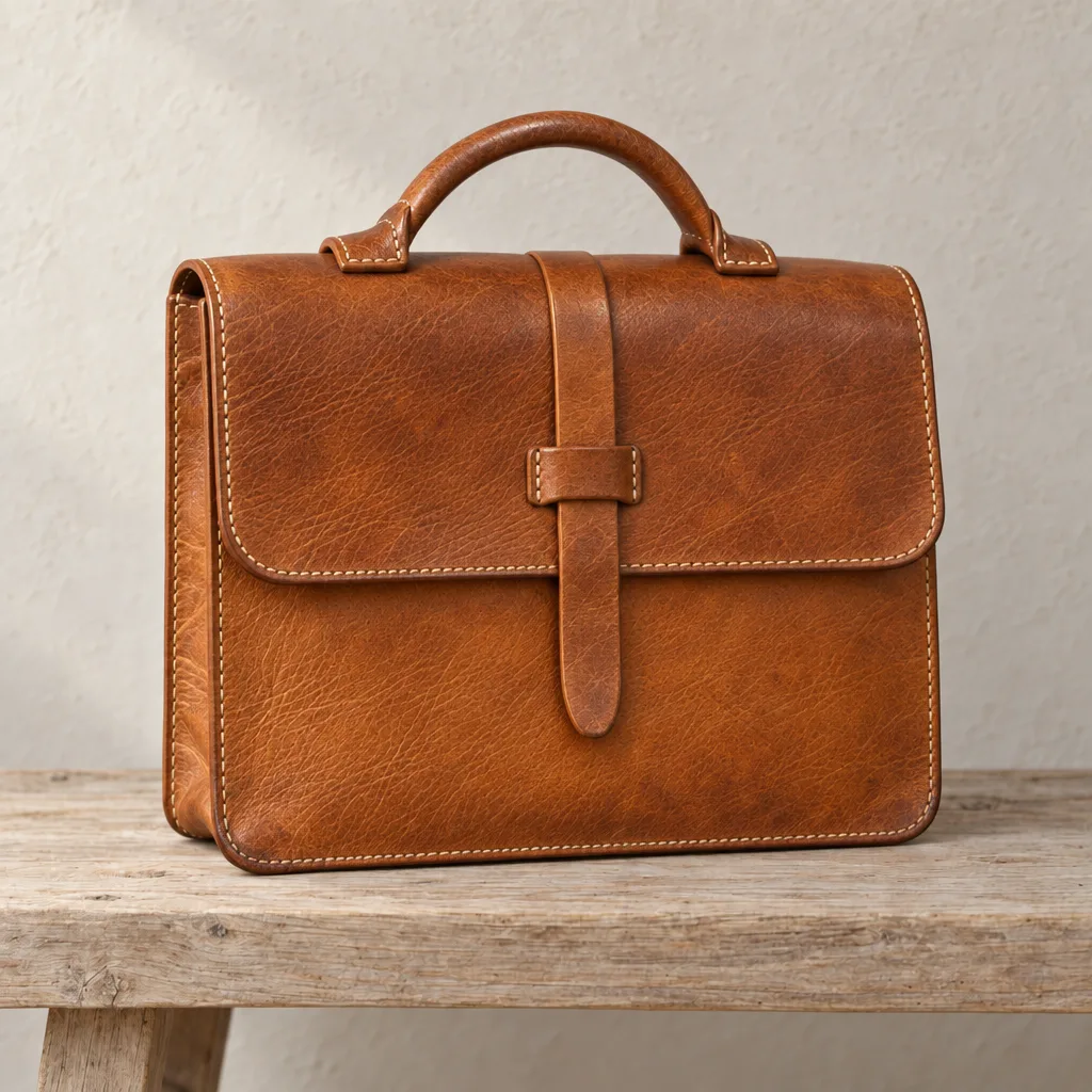 The same satchel after about ten years of use, darker honey tan with a shine on the handle and creases at the sides.