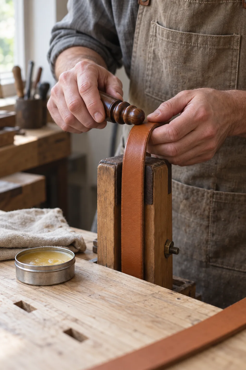 Hands rubbing a leather strap’s edge with a wooden slicker while it is held in a wooden stitching clam.