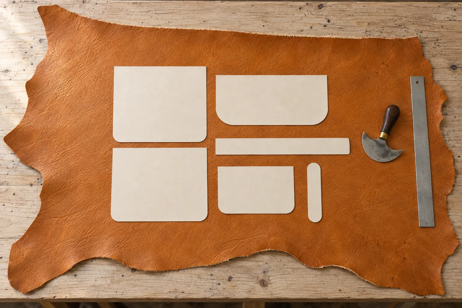 A whole side of tan hide on the bench with cream card pattern pieces nested on it and a round knife beside them.