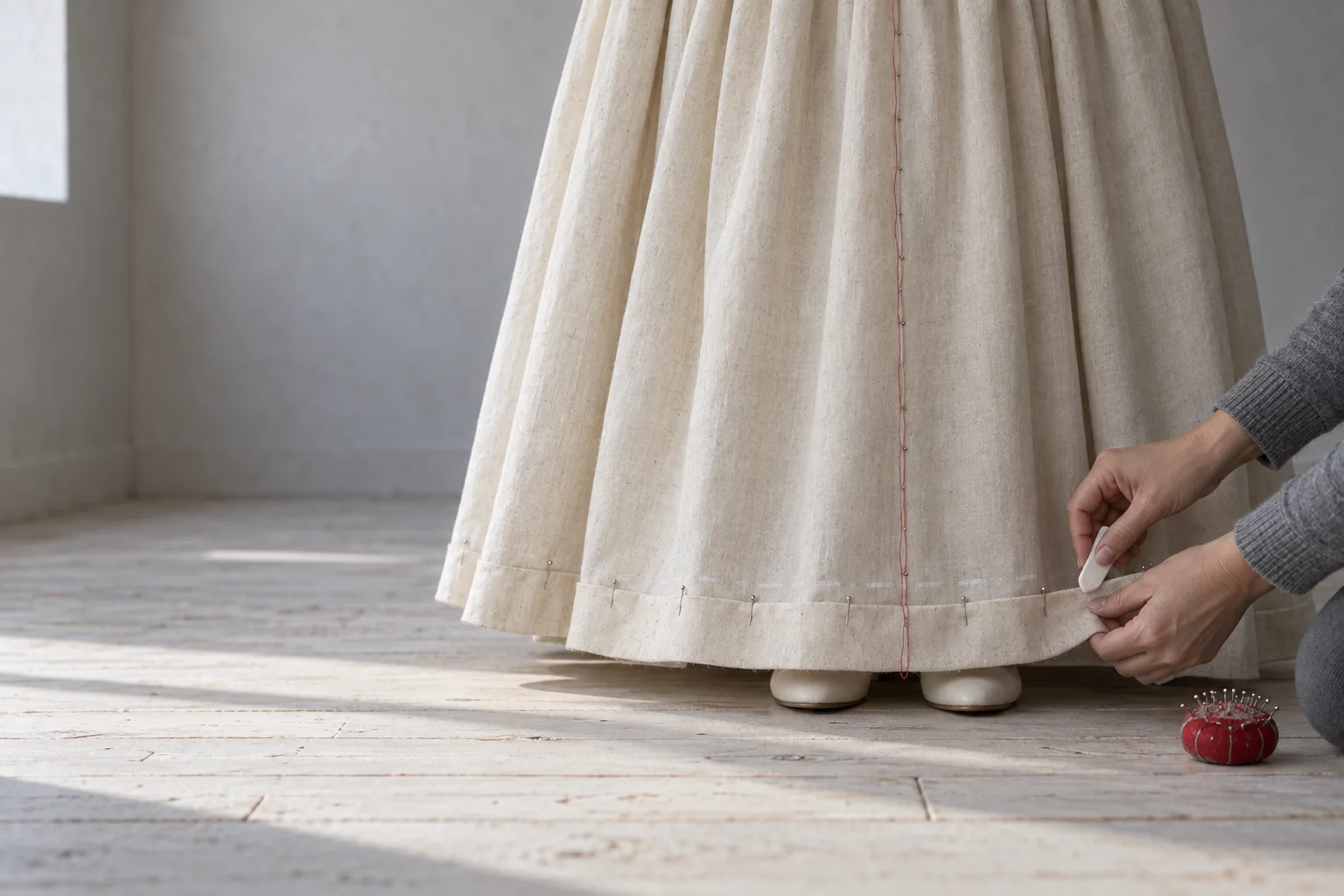 The third fitting at floor level: a fitter’s hands pin the calico hem over the bride’s shoes, the new hemline chalked around the skirt.