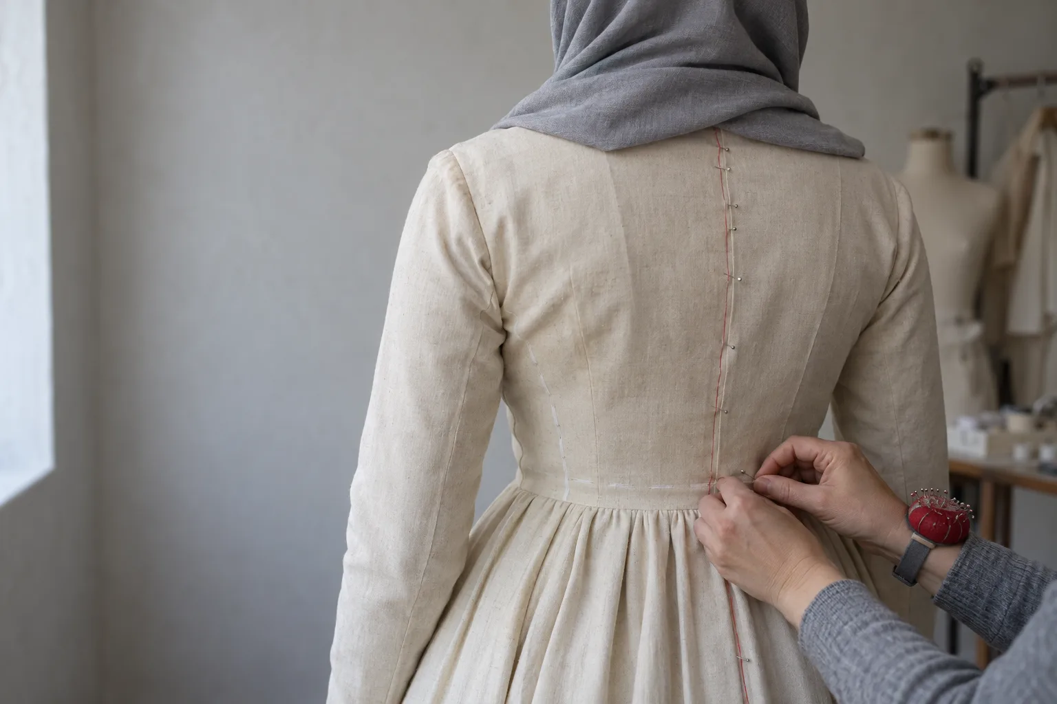 The first fitting, from behind: the calico toile pinned closed down the centre back and chalked at the waist, a fitter’s hands pinning it, a grey head covering over the bride’s shoulders.
