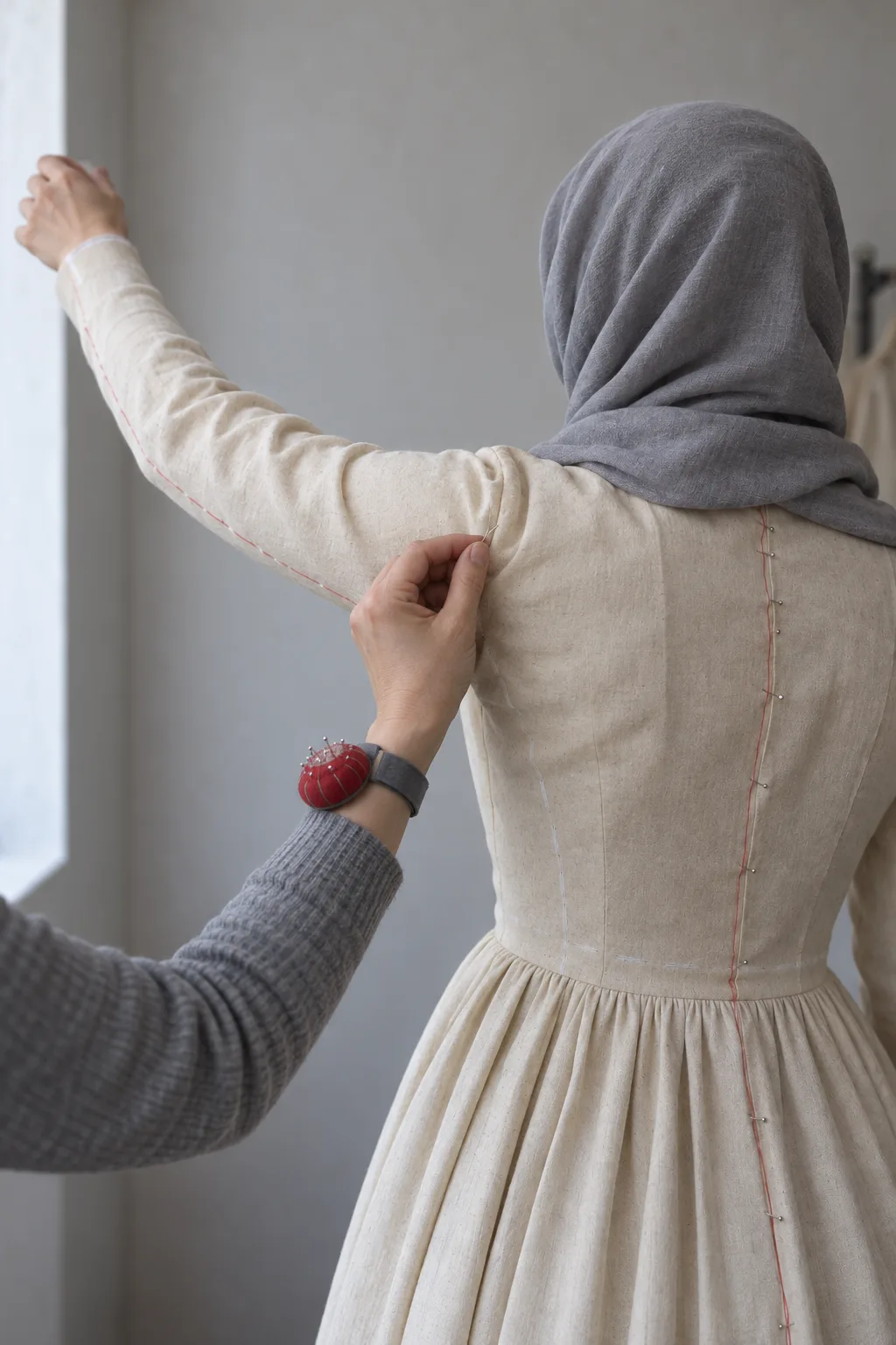 The second fitting: the bride reaches up in the calico toile while a fitter pins the sleeve head at the back of the shoulder; the cuff is chalked at the wrist.