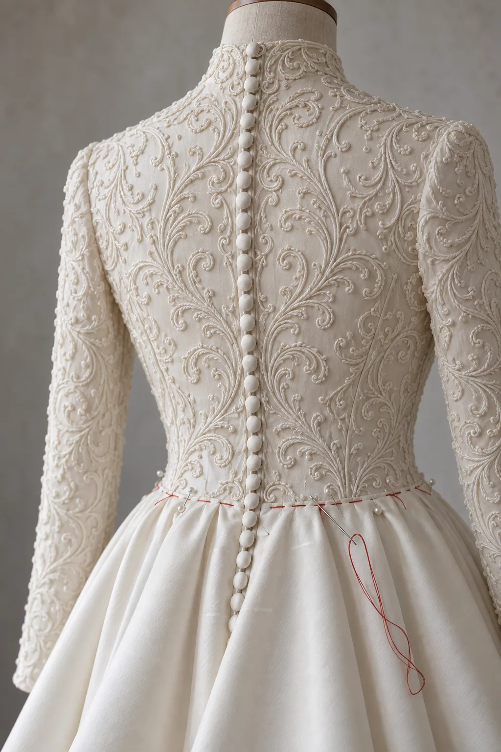 The silk at its fitting: the back of the ivory gown, its waist seam held in red tacking thread with pins, a needle hanging from the thread.