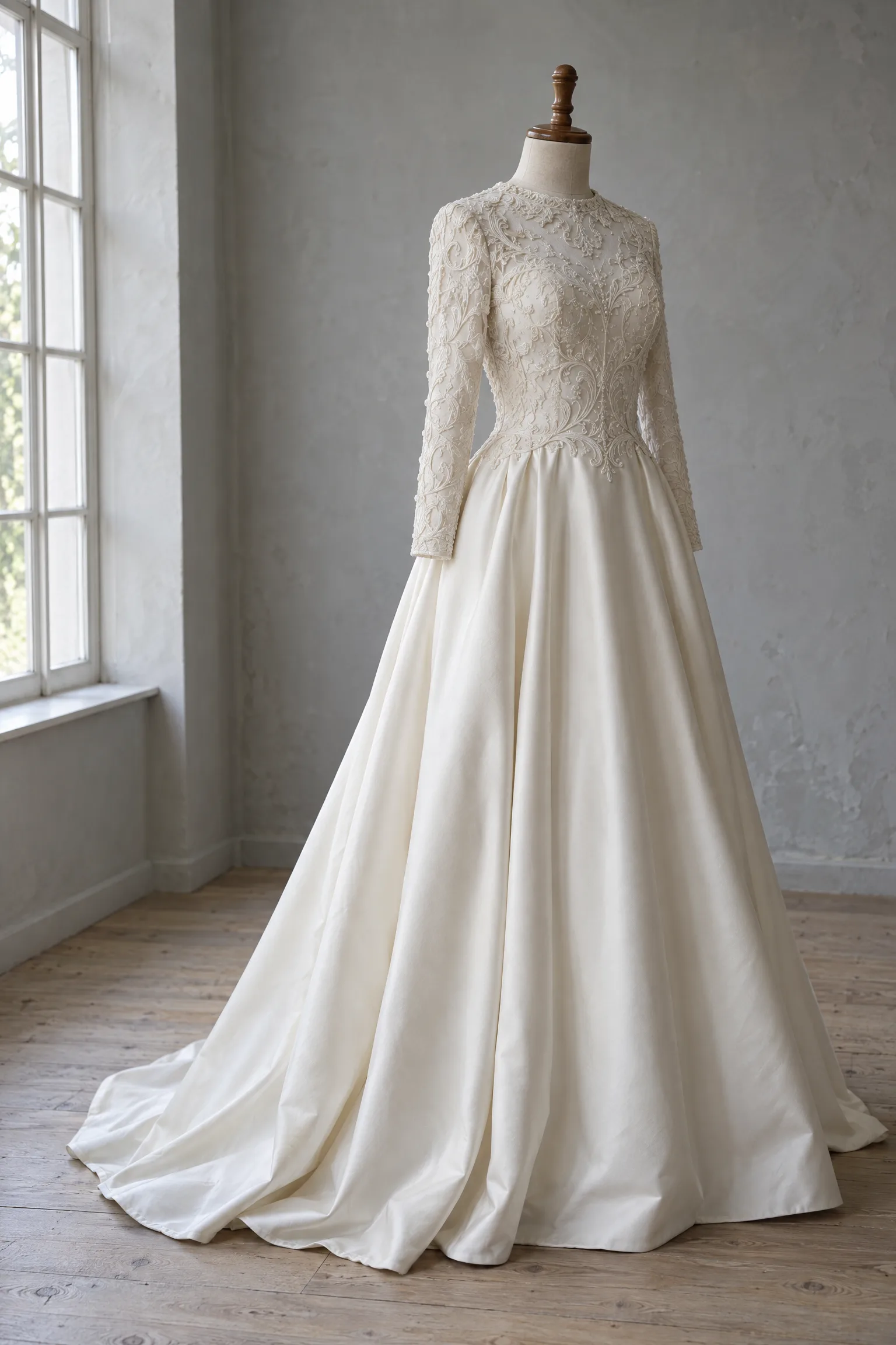 An ivory silk crepe gown on a dress form: high neck, long lined sleeves, a corded lace bodice and a satin skirt to the floor.