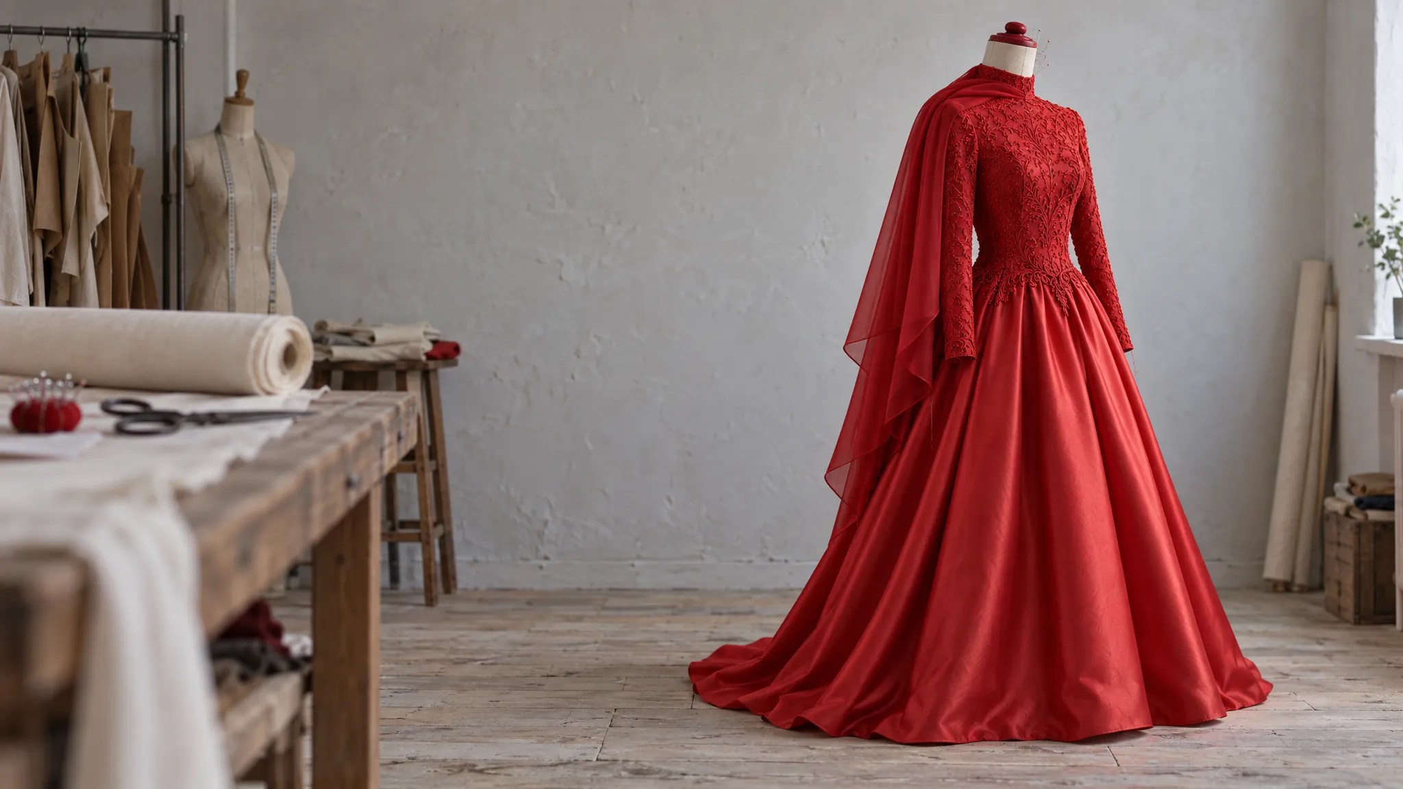 A scarlet silk gown on its form in the studio: a high collar, long sleeves in red corded lace, a full satin skirt to the floor and a red georgette head covering over one shoulder.