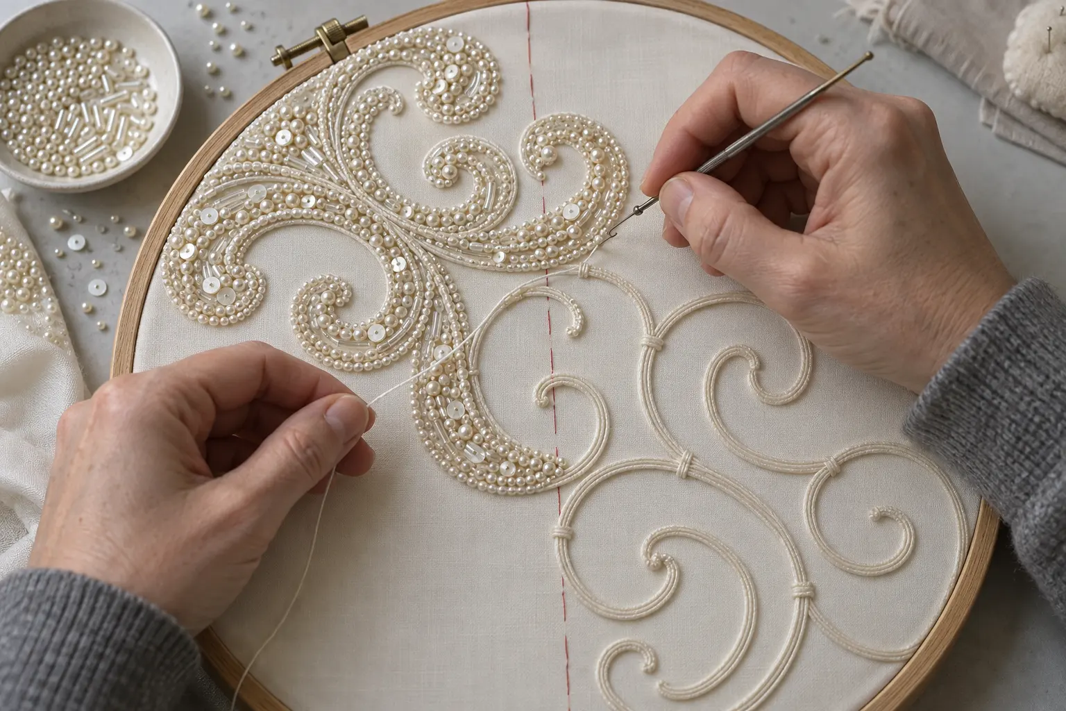 Hands, grey knit sleeves to the wrist, stitching seed pearls and bugle beads onto a corded lace bodice panel in a tambour frame.