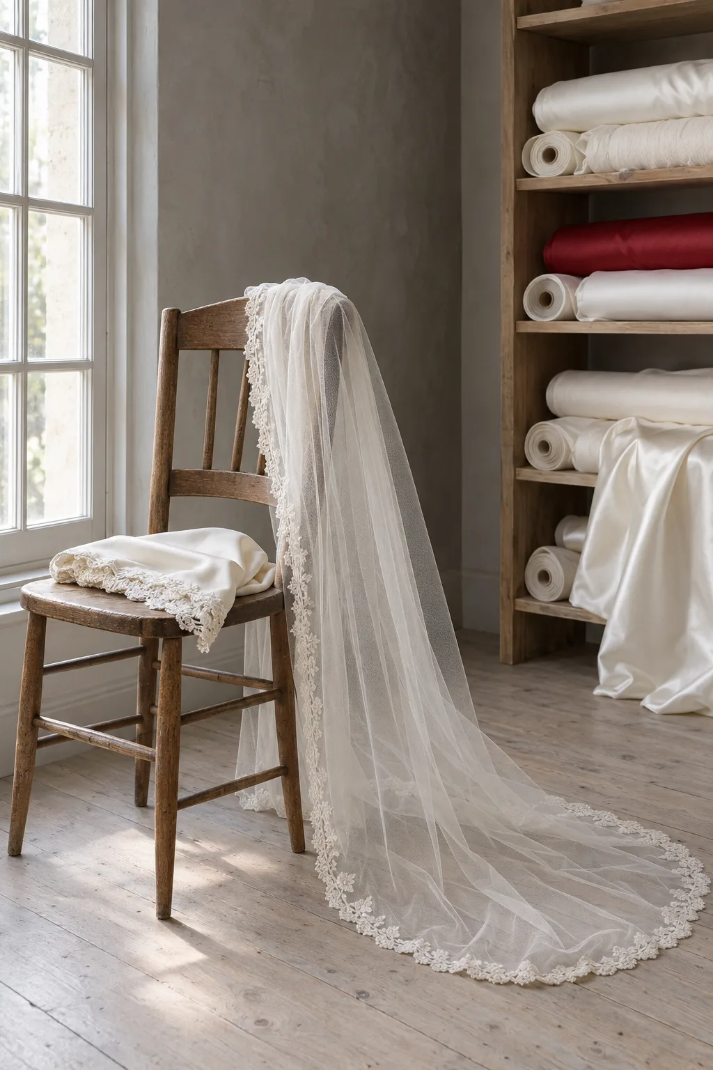 An ivory tulle veil with a lace edge over the back of a chair, a folded crepe head covering on the seat, bolts of silk behind.