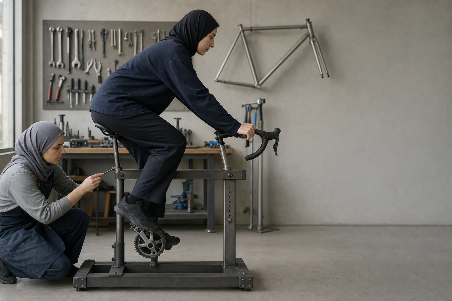 A rider in a headscarf and long sleeves sits on a fit rig while the builder, crouching beside it, adjusts the saddle height with a hex key.