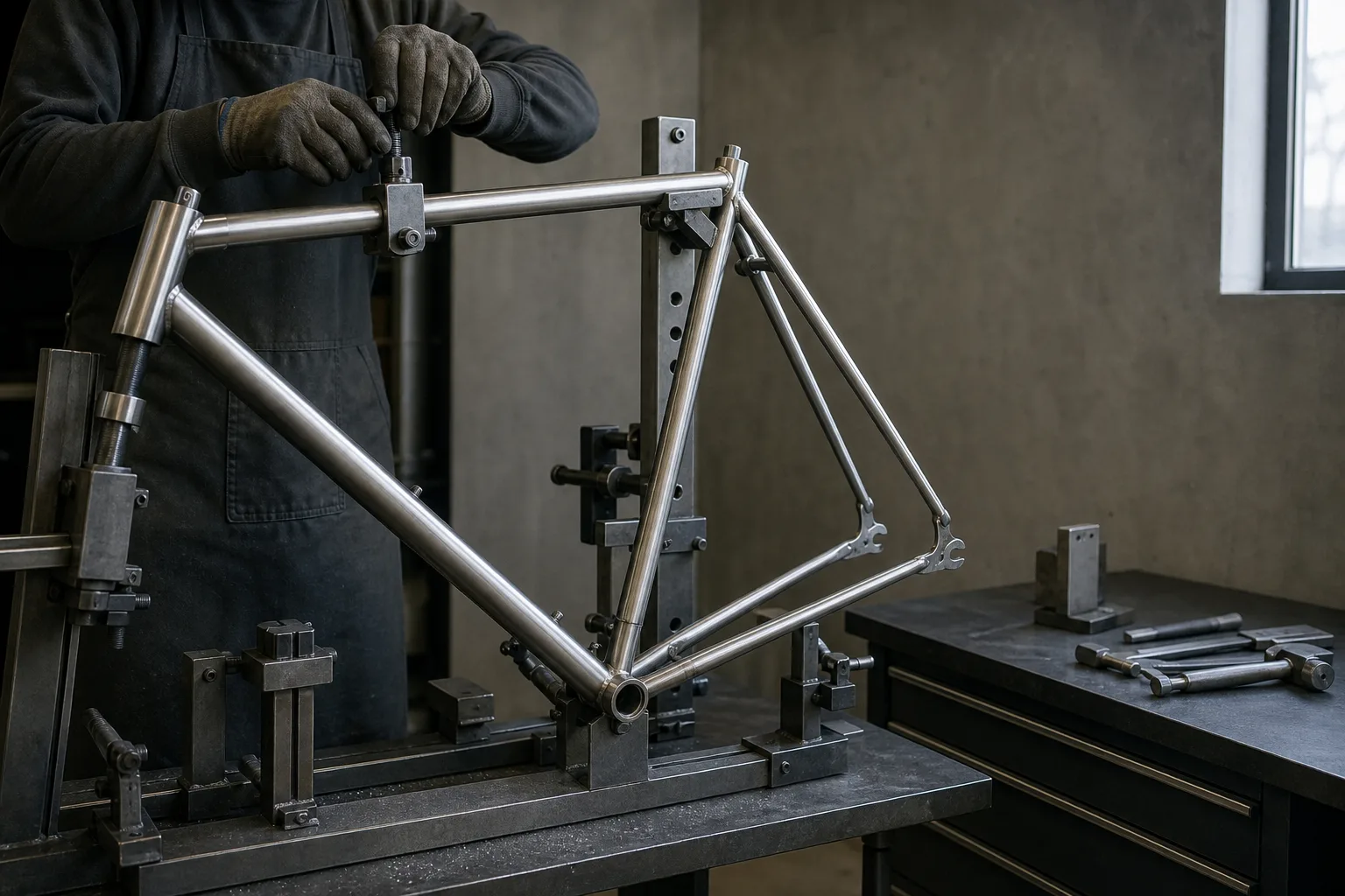 Gloved hands tighten a clamp on a bare titanium frame held in a steel jig, lit by a high workshop window.