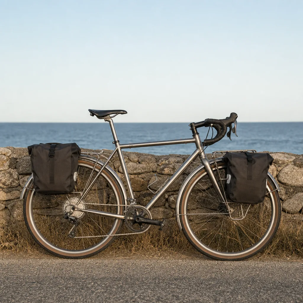 A loaded bare titanium touring bike with racks, bags and mudguards leans on a dry-stone wall above a calm sea.