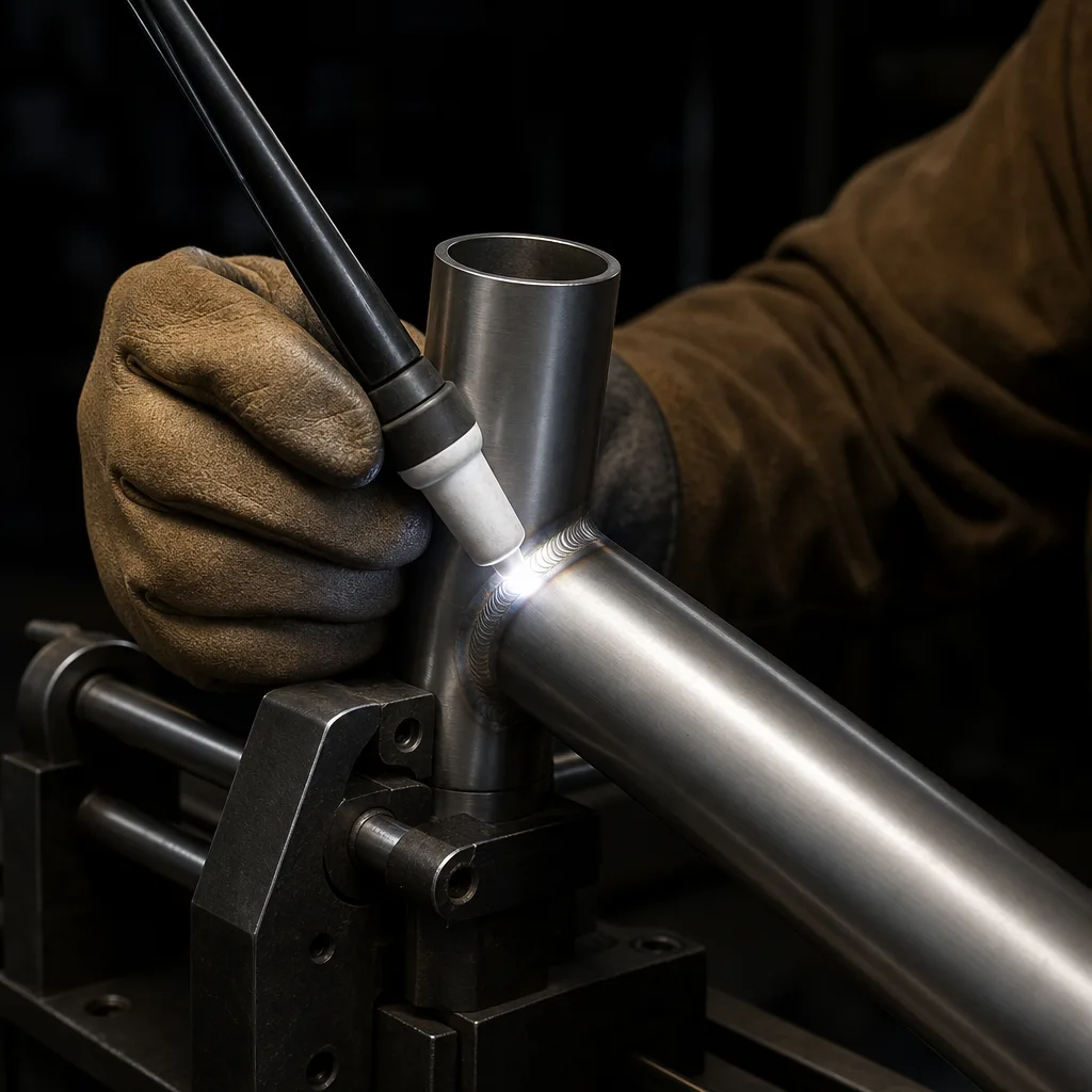 A gloved hand guides a TIG torch along a titanium joint. The finished bead behind the arc is silver and pale straw.