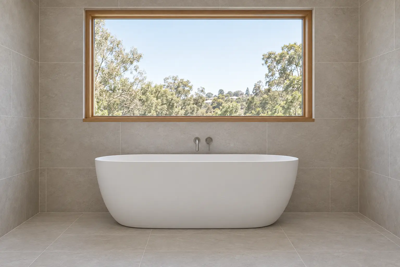 A white freestanding bath under a timber-framed window, pale porcelain walls and floor in daylight