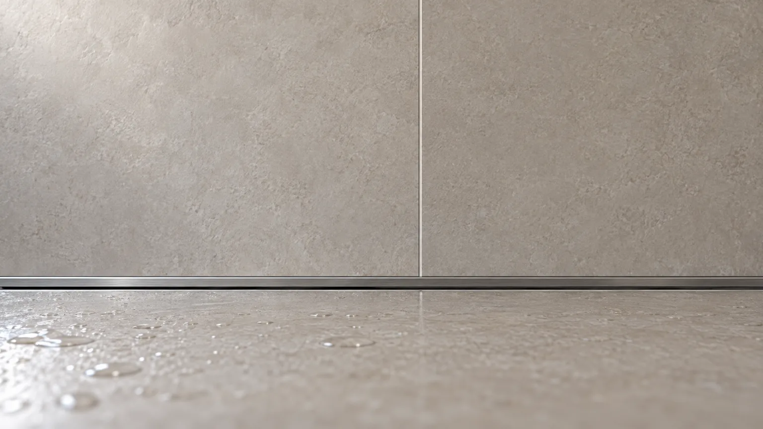 A linear stainless drain at the foot of a tiled wall, the floor falling to it, a few beads of water on the tile