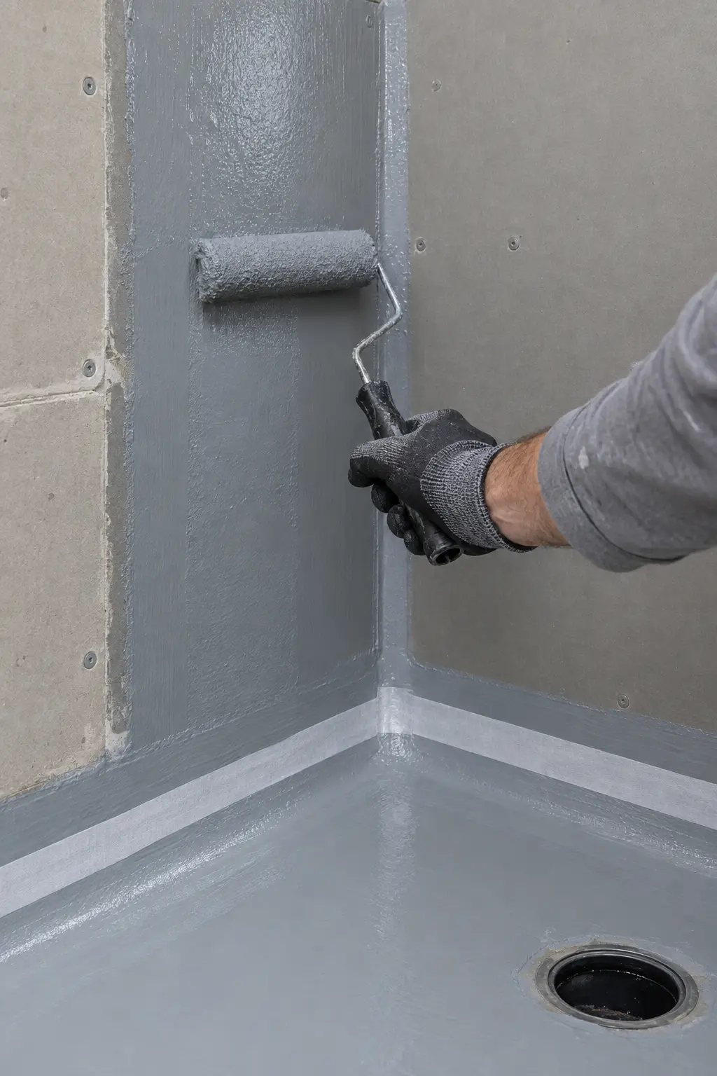 A gloved hand rolling grey waterproofing membrane across a wall sheet above a sealed inside corner