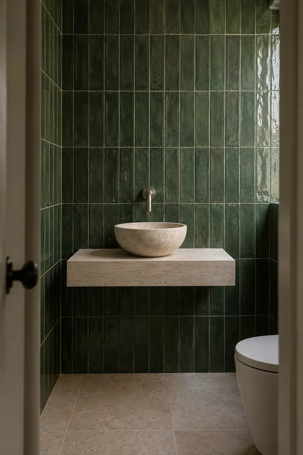 A narrow powder room tiled in deep green glaze, a round stone basin on a pale limestone ledge