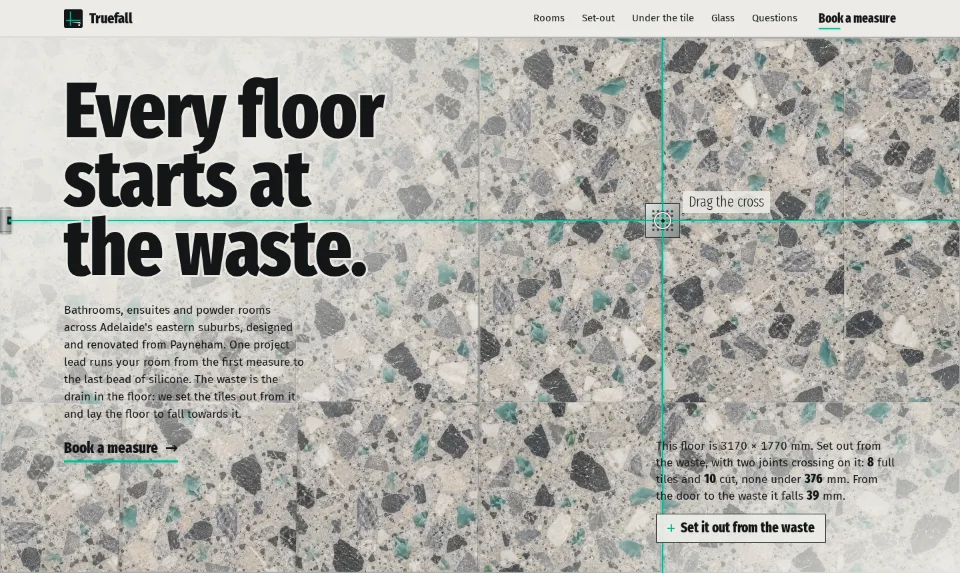 The front page: a terrazzo floor in plan, laid from a jade laser cross on the waste, a tall condensed headline at top left