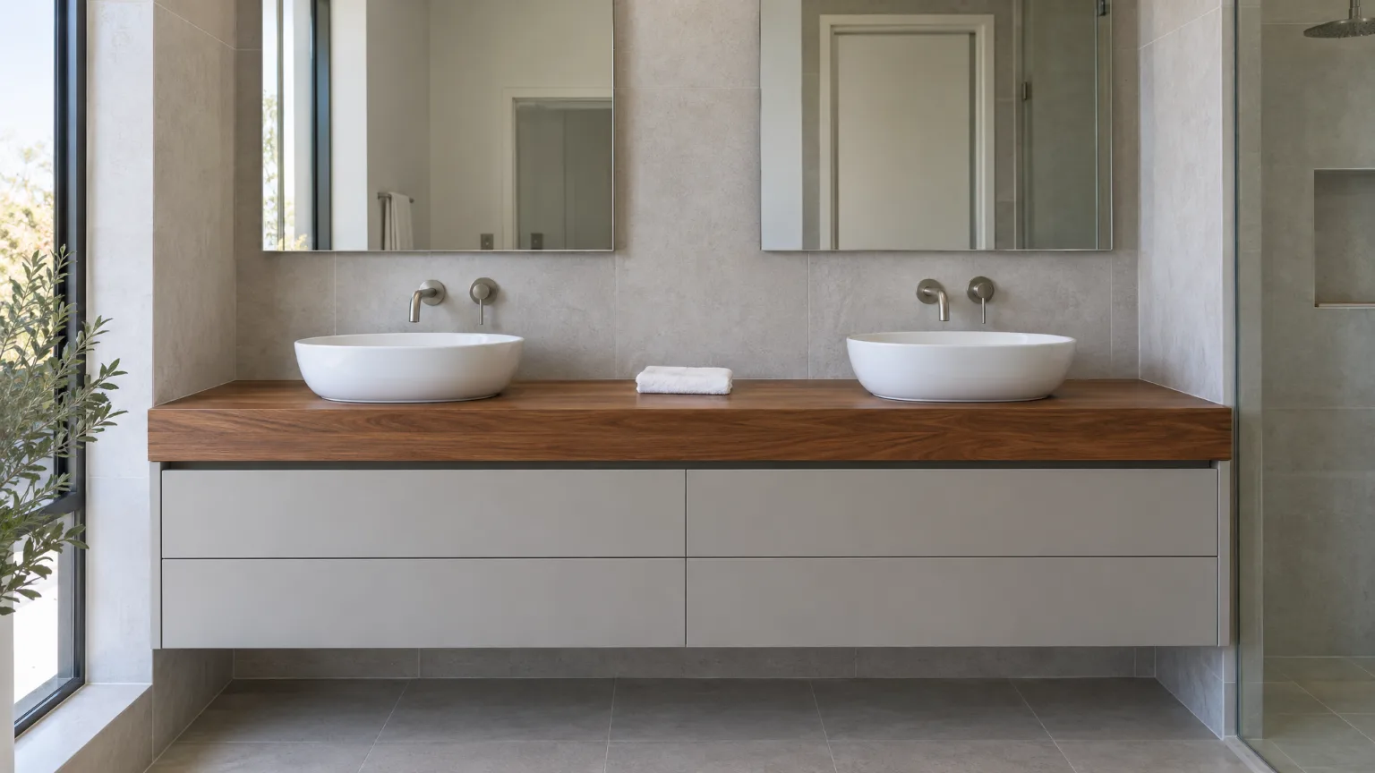 A double vanity with a thick timber top, two white basins and grey drawers, square to the wall in daylight