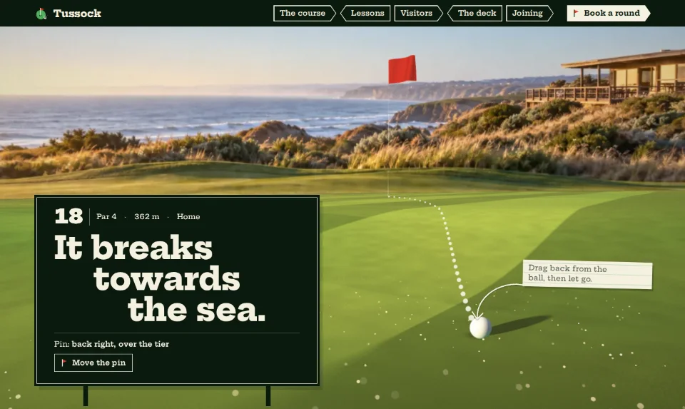 The front page: crouched behind a ball on a mown green, a curling putt line to the flag, the 18th's slab-lettered sign